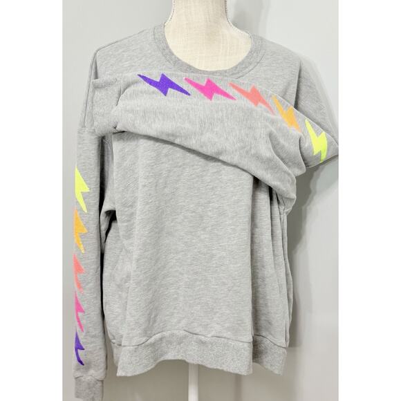 Queen Of Sparkles Neon Sequin Lightning Boot Gray Sweatshirt Top Size Large L - Picture 1 of 3